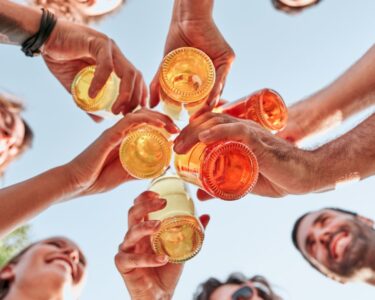 A worm's-eye view of a group of smiling people, standing in a circle, cheering their drinks.