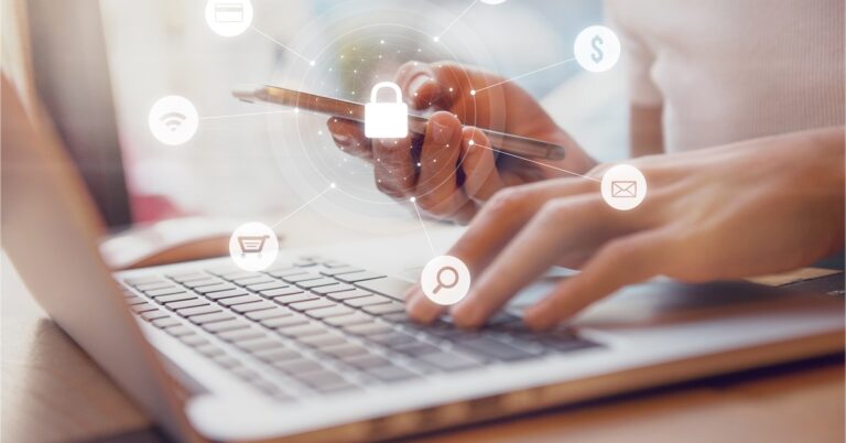 A person using a laptop and phone at the same time, surrounded by floating icons including a central lock symbol.