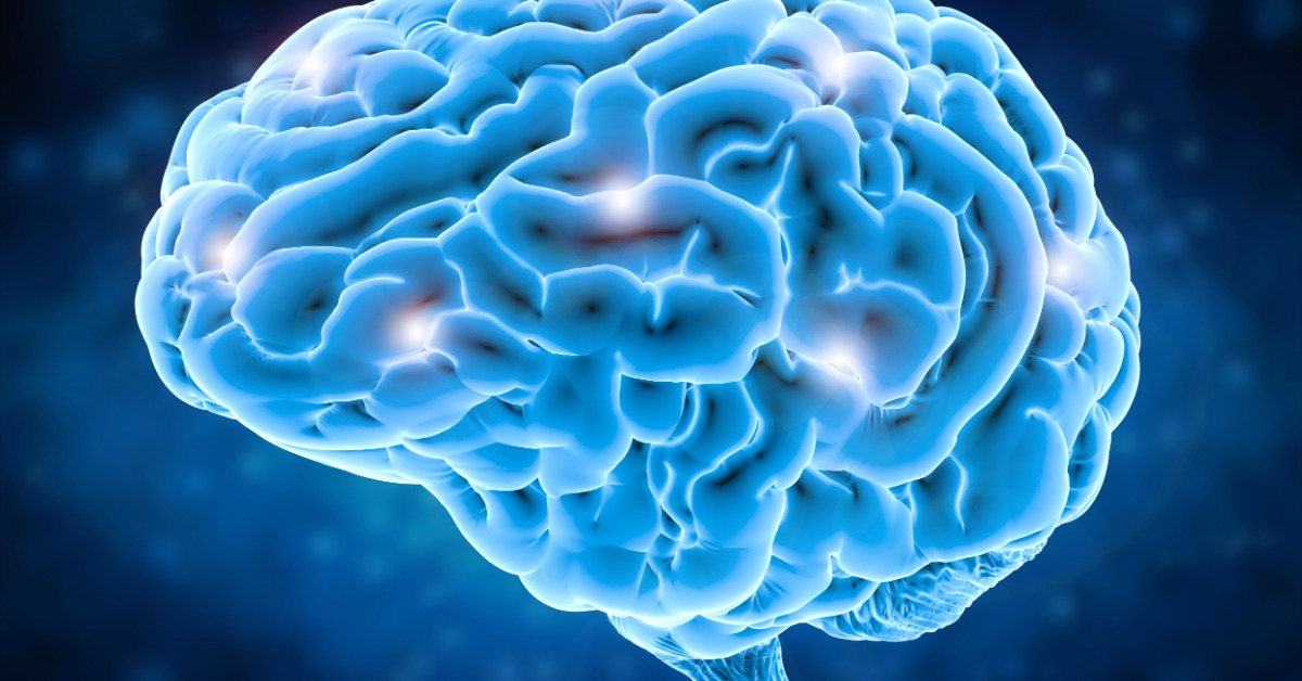 A glowing blue illustrated brain with bright highlights floating against a dark blue abstract background.